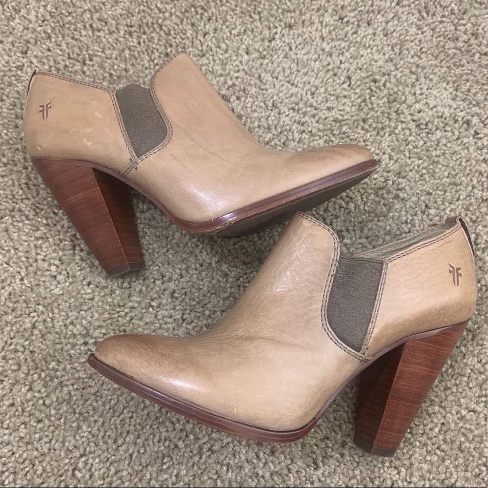 Frye Tan Ankle Boots with Brown Heel